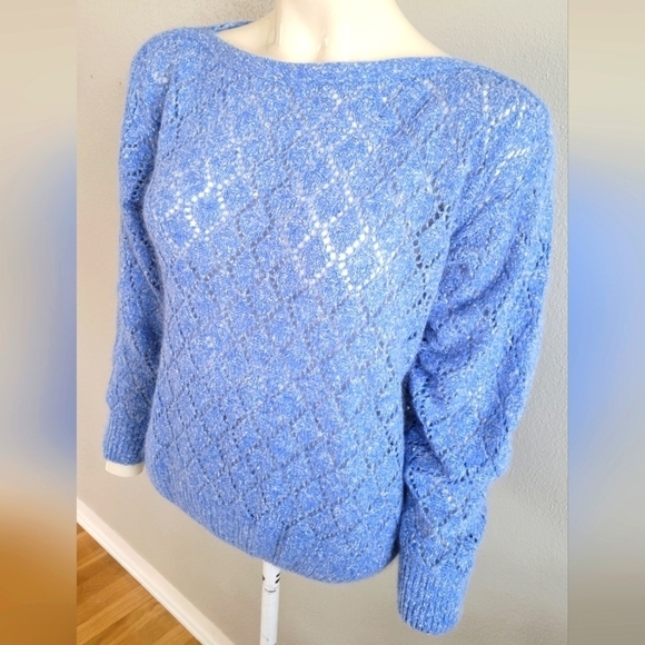 SHAPELY KNITS Vintage 80s Silk Angora Open Knit Sweater Sky Blue Coquette sz L - Picture 5 of 7